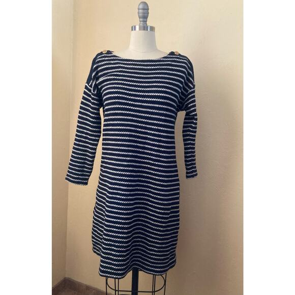 Talbots Women's Knit Sheath Dress Size MP Dark Navy Blue Striped - Picture 7 of 12
